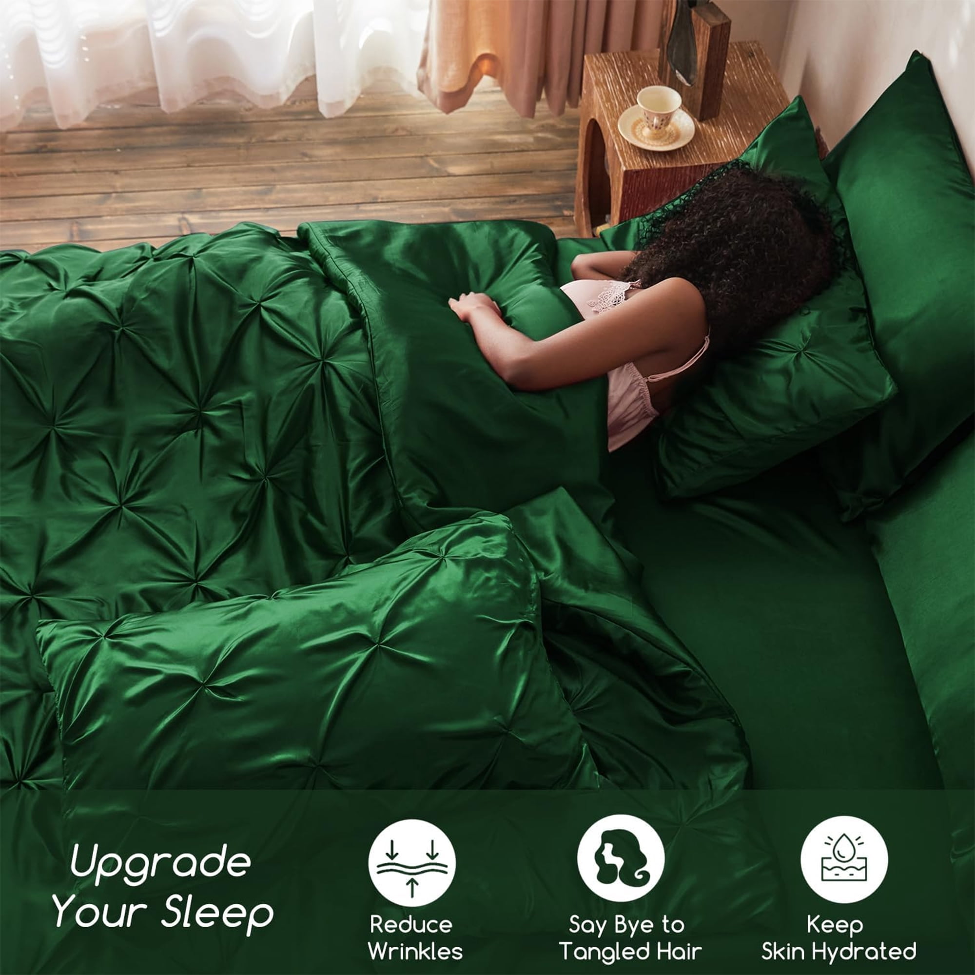 MR&HM Satin Comforter Set 7 Pieces Queen Size - Luxurious Pinch Pleat Bed in a Bag with Satin Comforter, Satin Sheets, Satin Pillowcases & Shams, Silky Soft Bedding Set for All Seasons (Dark Green)