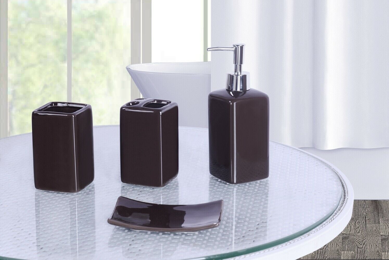 Luxury Bathroom accessories set package includes: 2 rugs mat non slip, 1 shower curtain with 12 hooks and 4 piece ceramic accesories print design zen brown
