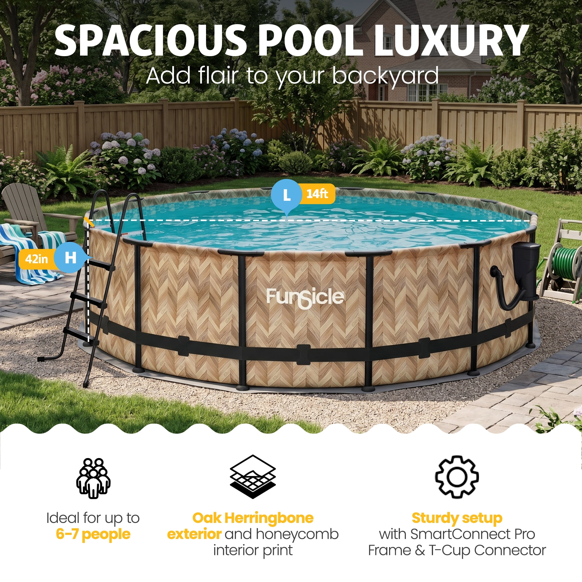 Funsicle 14ft x 42in Round Oasis Designer Above Ground Pool, Oak Herringbone with SkimmerPlus Filter Pump, Age 6 & up