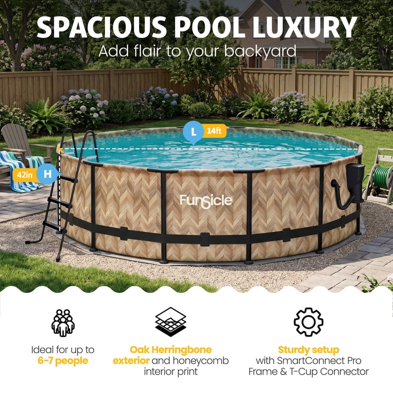 Funsicle 14ft x 42in Above Ground Pool, Oak Herringbone, with