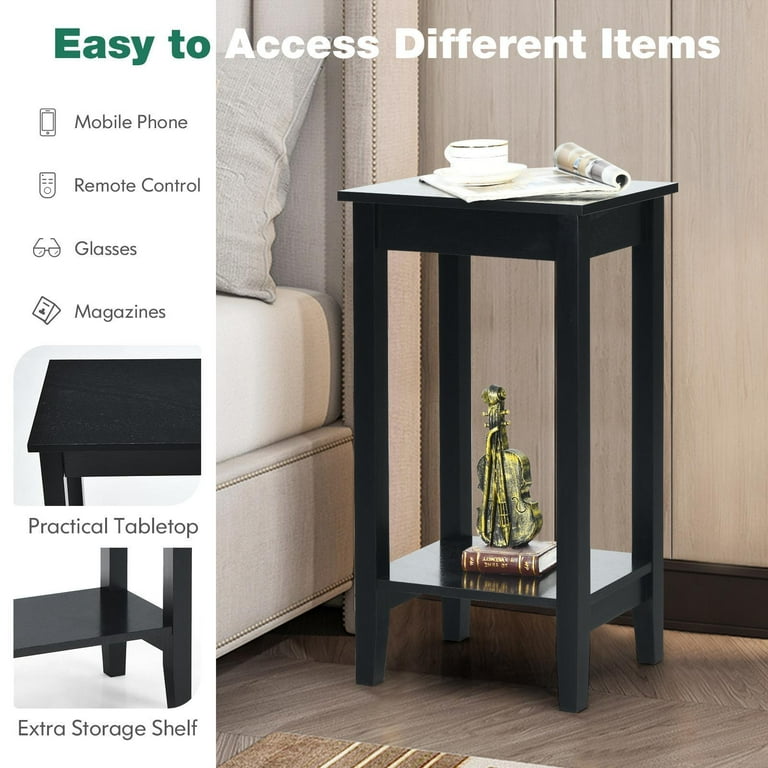 Giantex 2 Tier Tall Nightstand Set Bedside Furniture with Wooden Legs Black Walmart