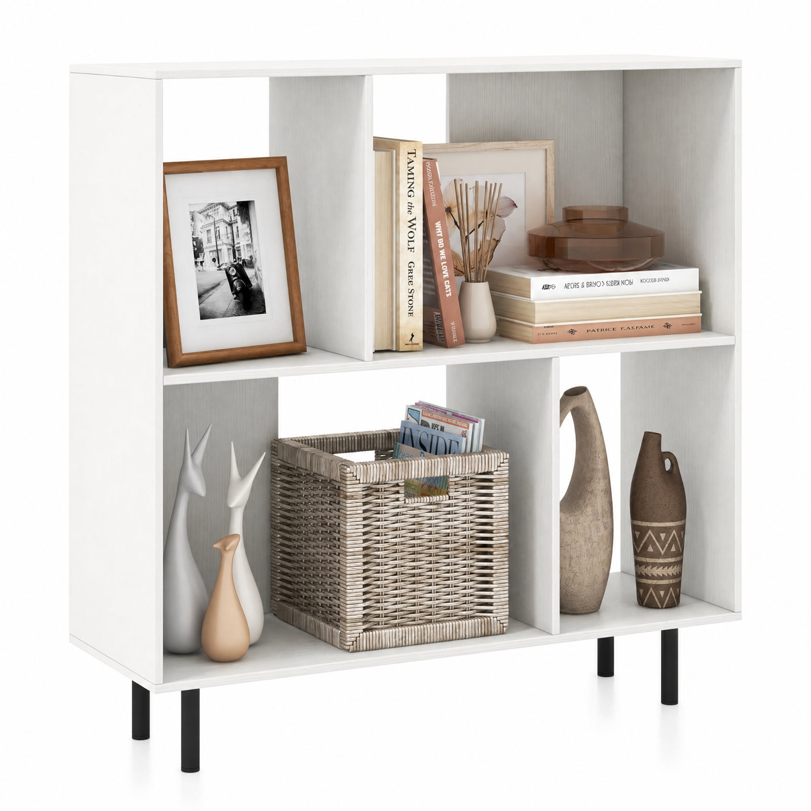 Furnibear Open Shelf Bookcase with 4 Compartments for Living Room Home Office Bedroom Display Storage Shelf, White