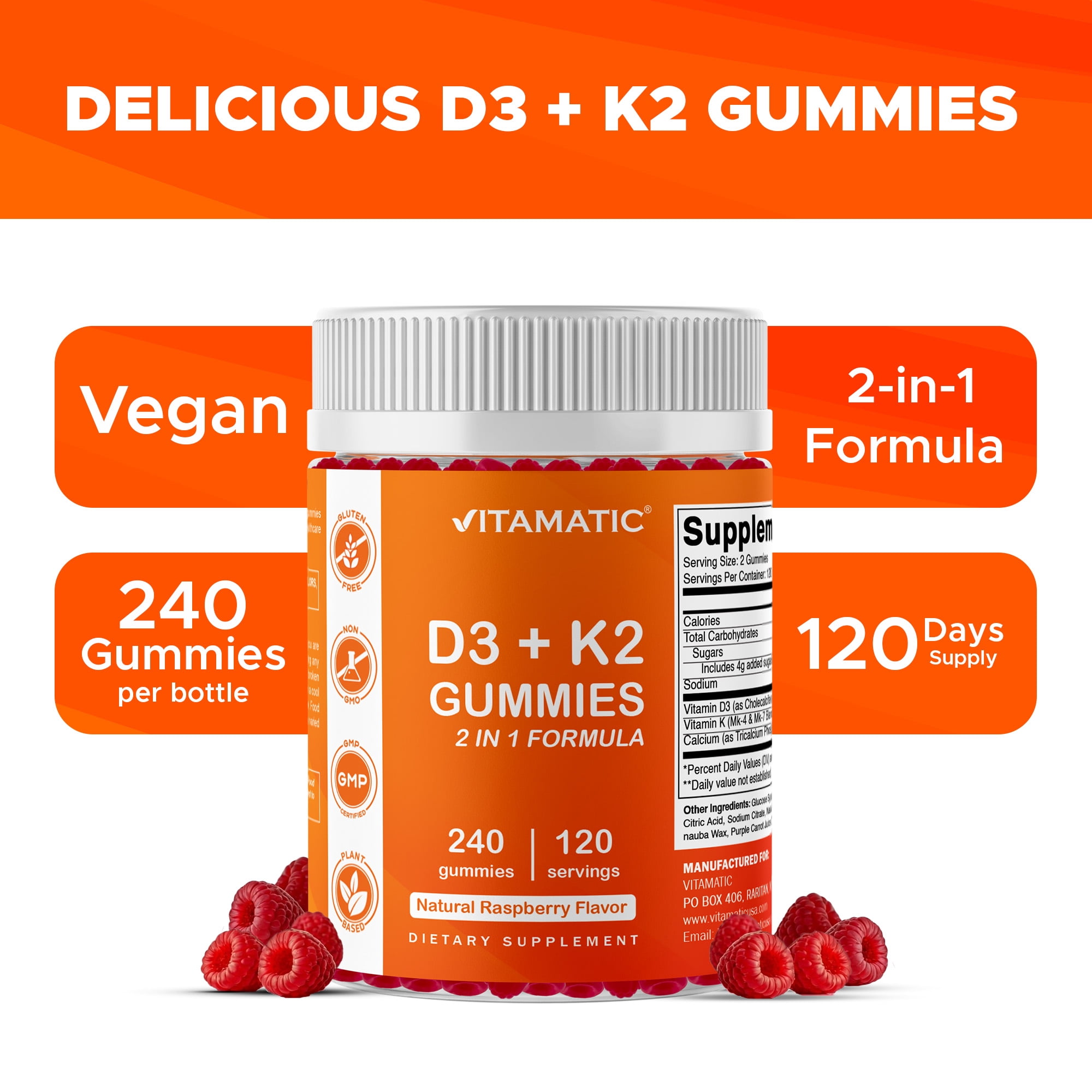 (2 pack) Vitamatic Vitamin D3 K2 with Calcium Gummies - 240 Count - Non-GMO, Gluten Free