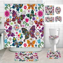4PCS Colorful Butterfly Shower Curtain Sets with Rugs, Floral Shower Curtain, Waterproof Fabric Shower Curtain, Spring Flower Butterflies Hippie Boho Aesthetic Women Teen Girls Bathroom Decor