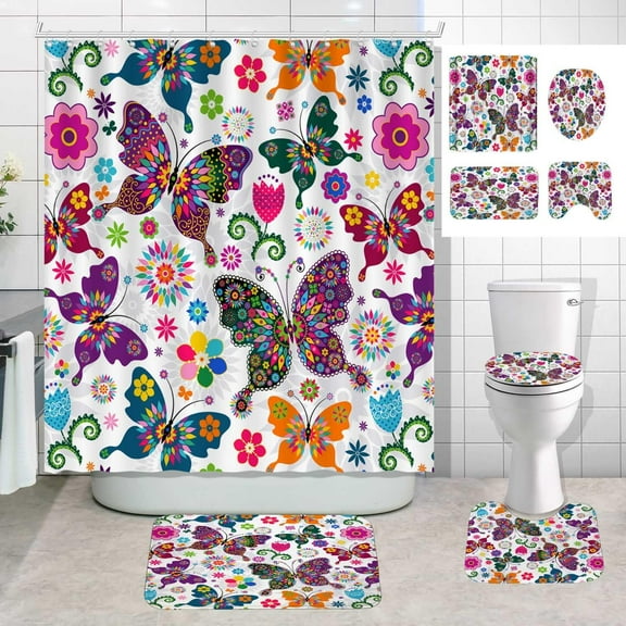 4PCS Colorful Butterfly Shower Curtain Sets with Rugs, Floral Shower Curtain, Waterproof Fabric Shower Curtain, Spring Flower Butterflies Hippie Boho Aesthetic Women Teen Girls Bathroom Decor