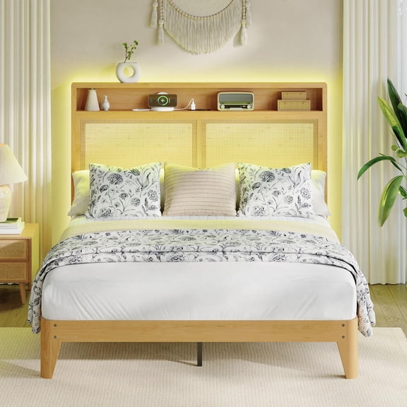 Bohemian Rattan Queen King Bed Frame LED Light Charging Station Multi Storage Headboard Platform Bed