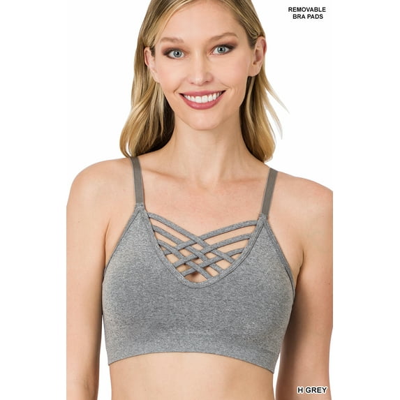Zenana Women's & Plus Front V-Lattice Bralette Sports Bra with Adjustable Straps and Removable Bra Pads