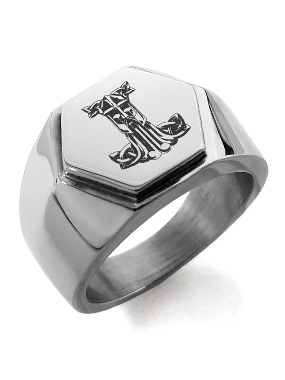 Stainless Steel Thor's Hammer Mjolnir Celtic Viking Rune Engraved Hexagon Crest Flat Top Biker Style Polished Ring