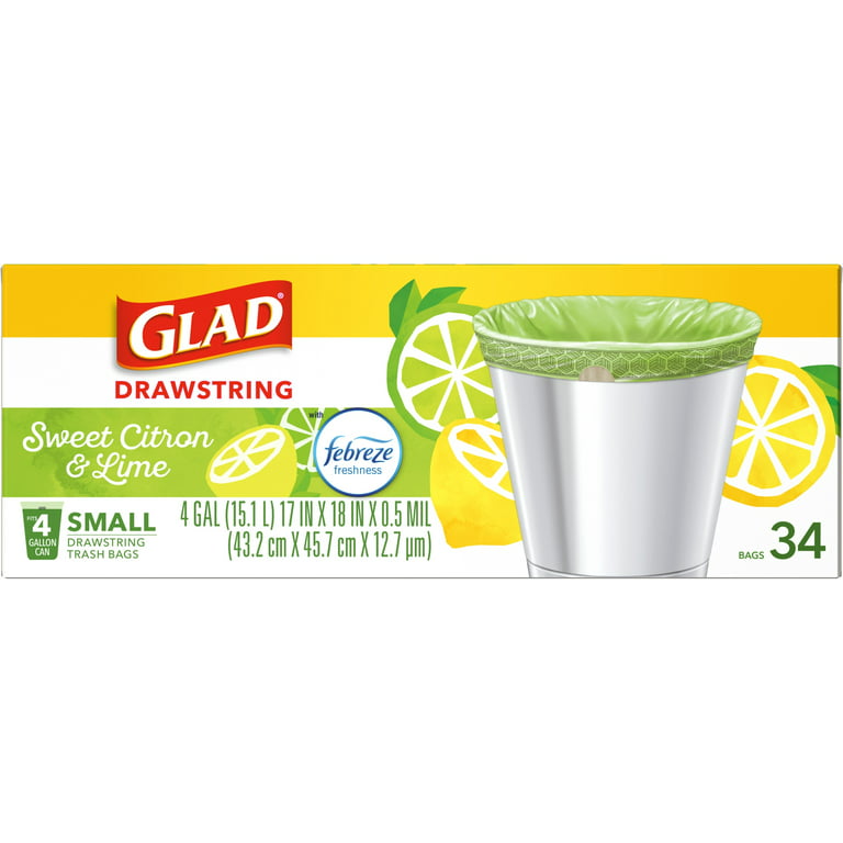 Glad Small Kitchen Drawstring Trash Bags 4 Gallons Febreze Sweet Citron And  Lime Green Box Of 34 Bags - Office Depot