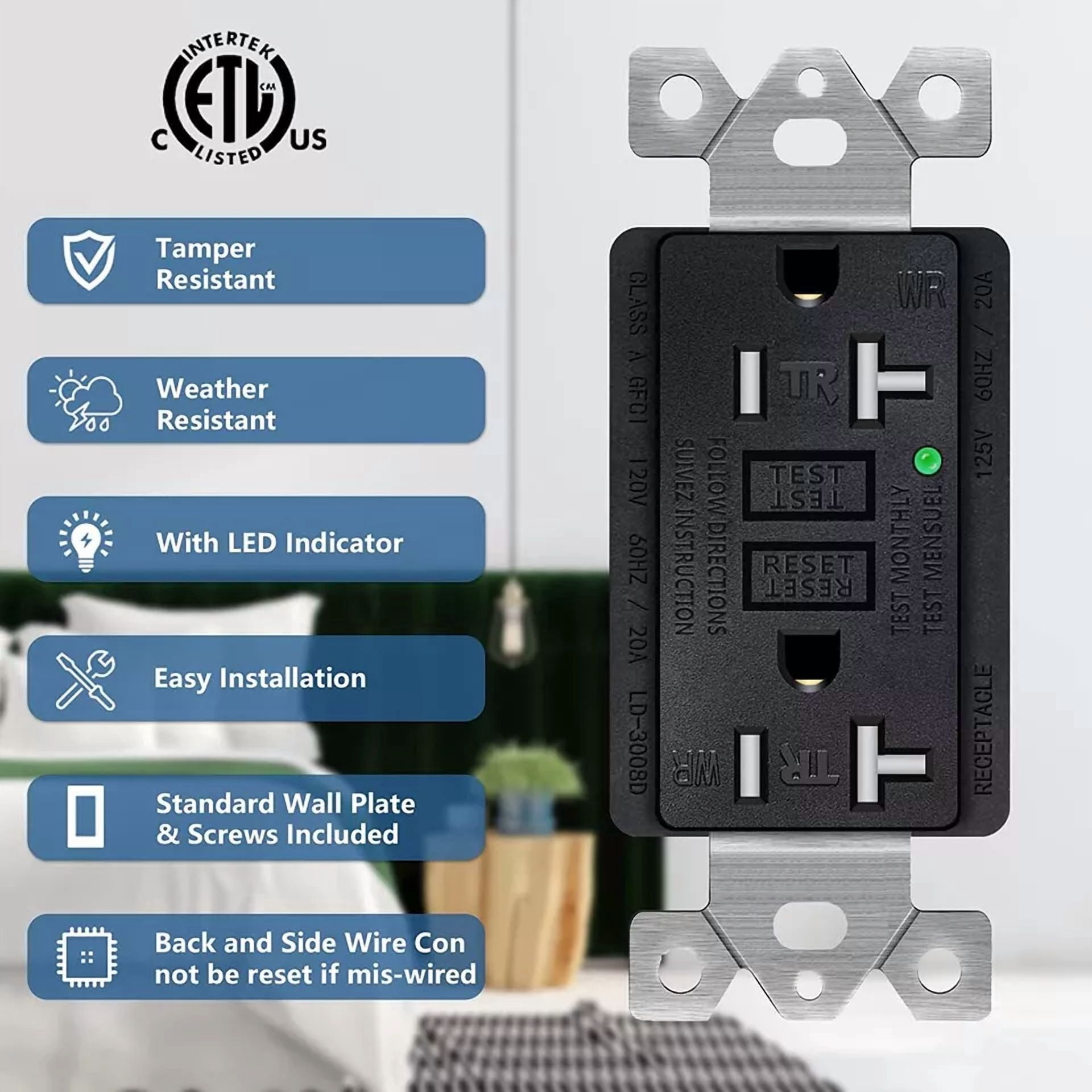 20A/125V Black Gfci Outlet Tamper Resistant Tr Wr Receptacle Home Electrical Diy