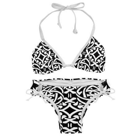 Sexy Women s String Bikini Set Black Monochrome Celtic Print Two Piece Triangle Bathing Suit Swimsuits M