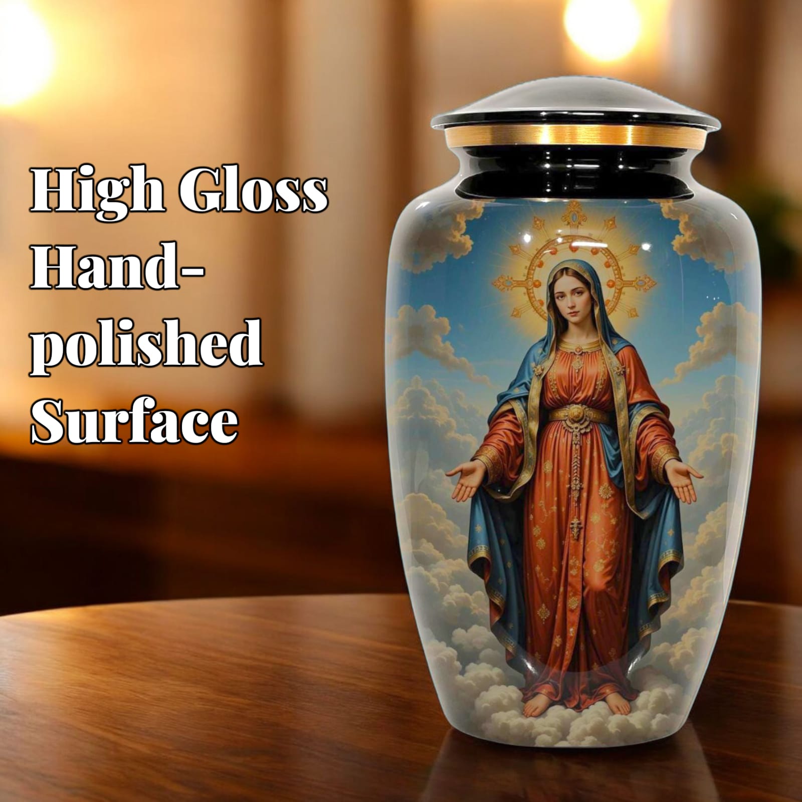 Devotional Religious Cremation Urn For Human Ashes with Sacred Art - Adult Size Urn Ashes - 200 Cubic Inches - Velvet Bag Included