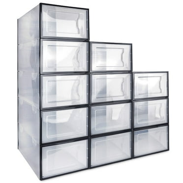 LeaderPro Clear Shoe Ogranizer for Closet,Shoes Boxes Bins Stackable,Folding Shoe Sneaker Containers Storage Box Rack with Lids 12 Pack