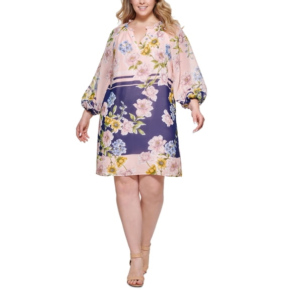 Vince Camuto Plus Size Floral Chiffon A-Line Dress Pink Blush 22W