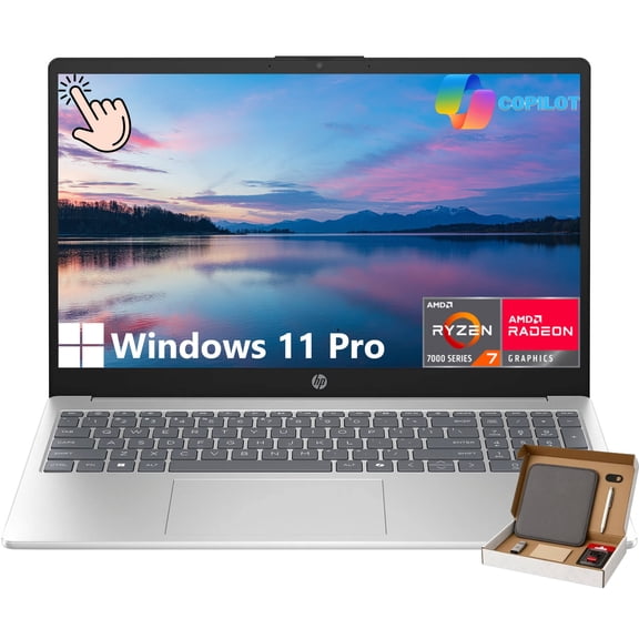 HP 15.6 inch FHD IPS Touch Laptop, AMD Ryzen 7 7730U, 16GB RAM 512GB SSD, Windows 11 Pro, Natural Silver