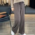 thumbnail image 3 of Wool Casual Pants Solid Color Straight Wide Leg Knitting Trousers with Drawstring High Waist Thickened Slacks, 3 of 8