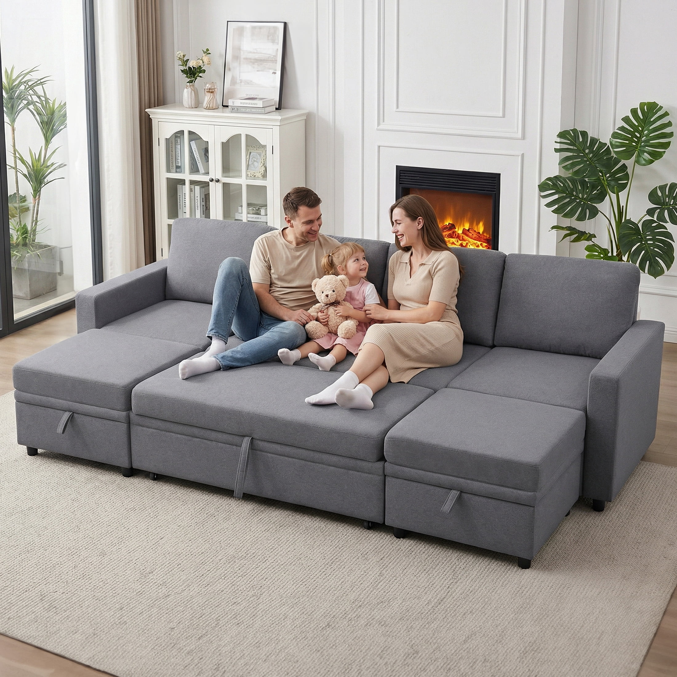 AENKYO 102'' U-Shaped Sectional Sofa Bed, Linen Pull Out Sleeper Couch with Storage Seats for Living Room，Gray