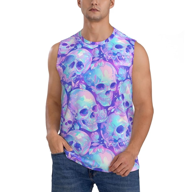 Fotbe Blue Skull Daisy Men's Camiseta sin Mangas Estampada para Hombres, Playera Casual para Gimnasio, Entrenamiento, Playa-X-Large
