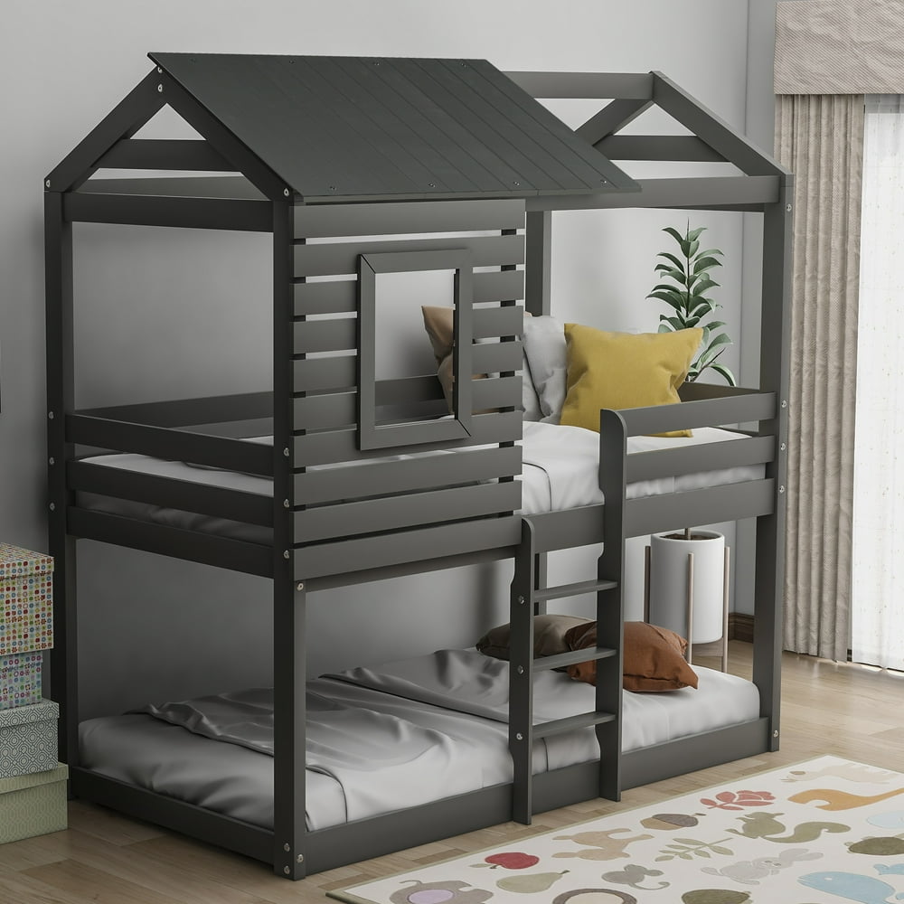 URHOMEPRO Twin Over Twin Bunk Bed with Roof, Window, Upgrade Wood Loft