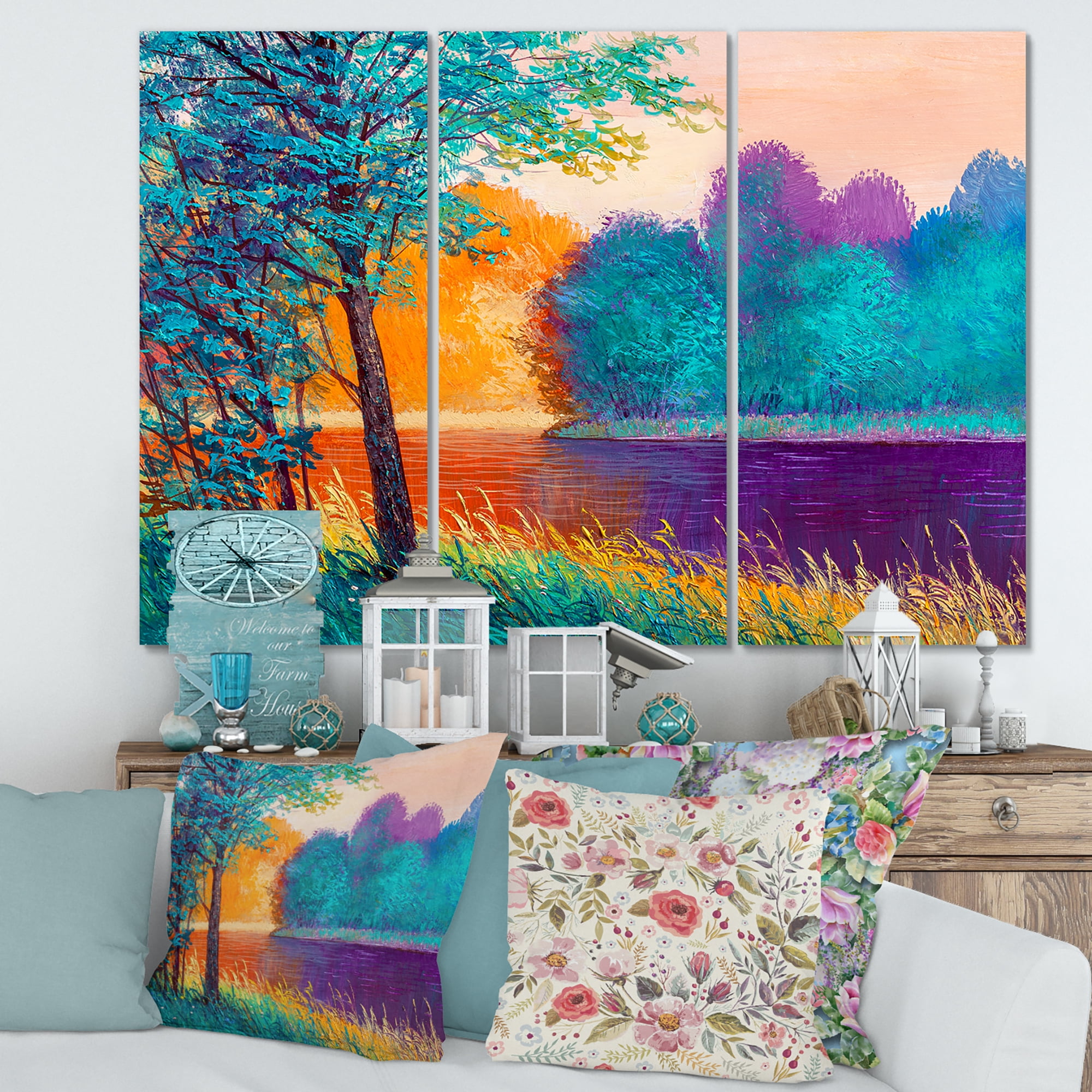 Designart ' Colorful Trees During Twilight Along River ' Traditional Canvas Wall Art Print