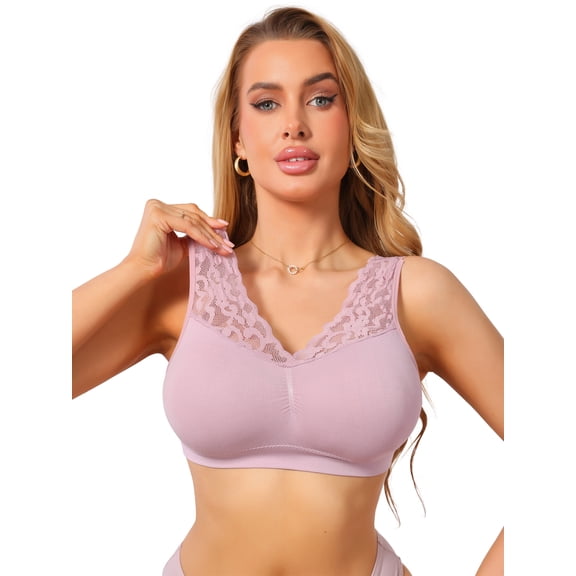 DARING DIVA Women's Lace V Back Wireless Full Coverage Push Up Pullover Bra M Pink