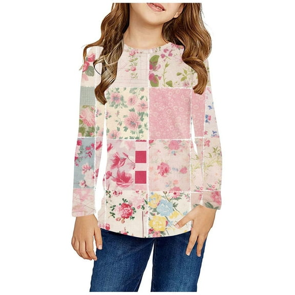 FamilyThread Girls Casual Short/Long Sleeve T Shirts Crewneck Tunic Tops Kids Fashionable Graphic Tee Blouses For 3-13Y