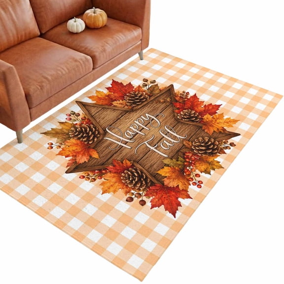 Happy Fall Washable Area Rug 2.7 x 5 ft Thanksgiving Wooden Stars Pinecone Leaf Orange Plaid Soft Non‑Slip Rugs Stain Repellent Indoor Mats for Kitchen Aisle, Foyer, Foot‑of‑Bed, Mudroom