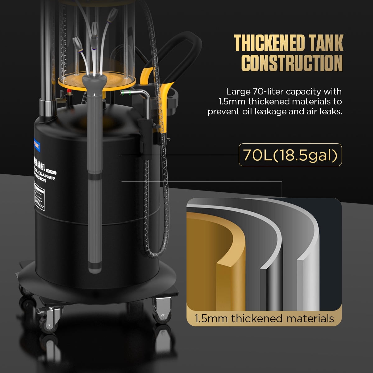AUTOOL OD720 Pneumatic Oil Drainer & Extractor Vacuum Oil Pumping Machine Waste Oil Drain Tank 10L Large Capacity Portable Oil Drain Container W/ 4 Wheels for Waste Oil Recycling