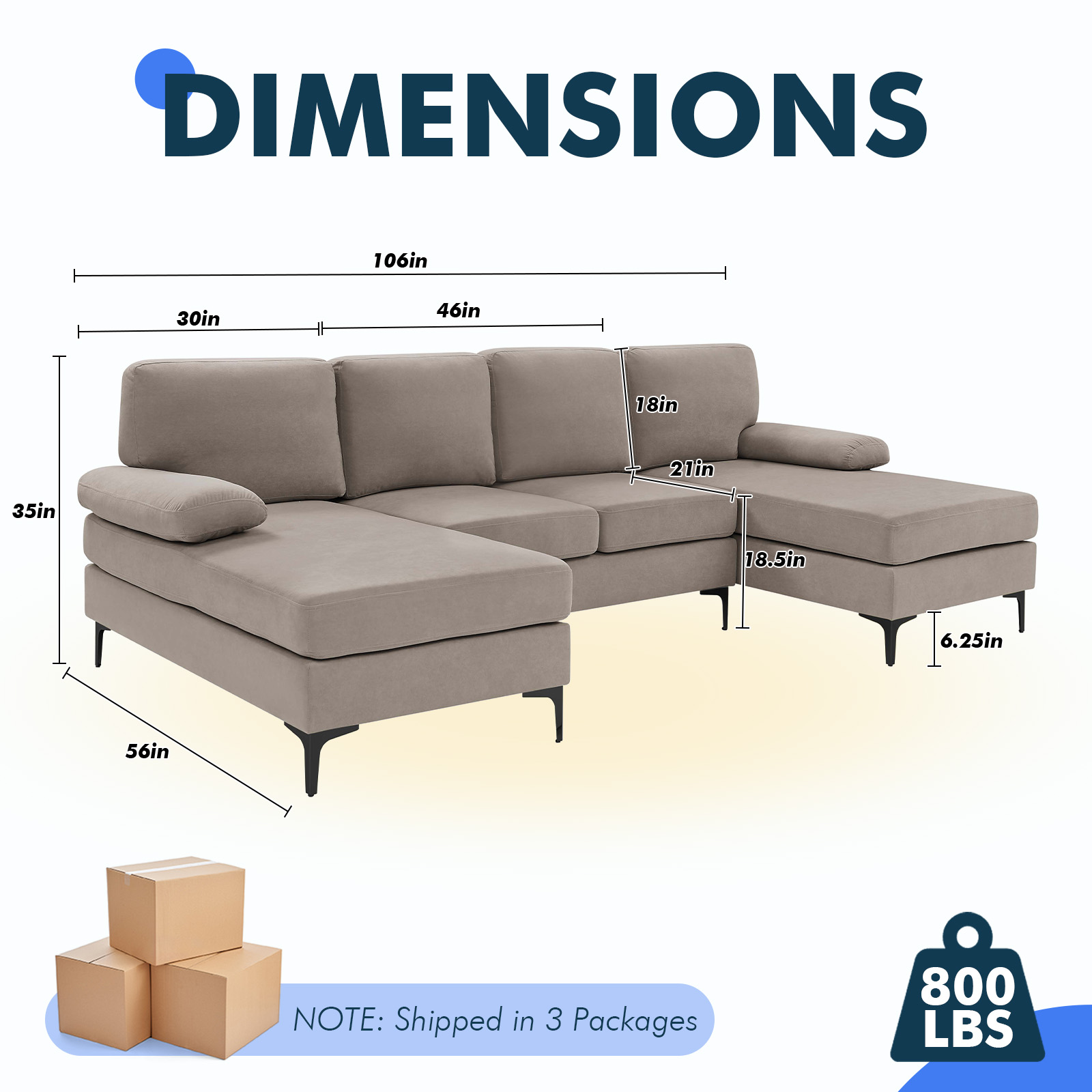 MOONMISS U-Shaped 4 Seats Sectional Sofa with Chaise for Living room, Brown
