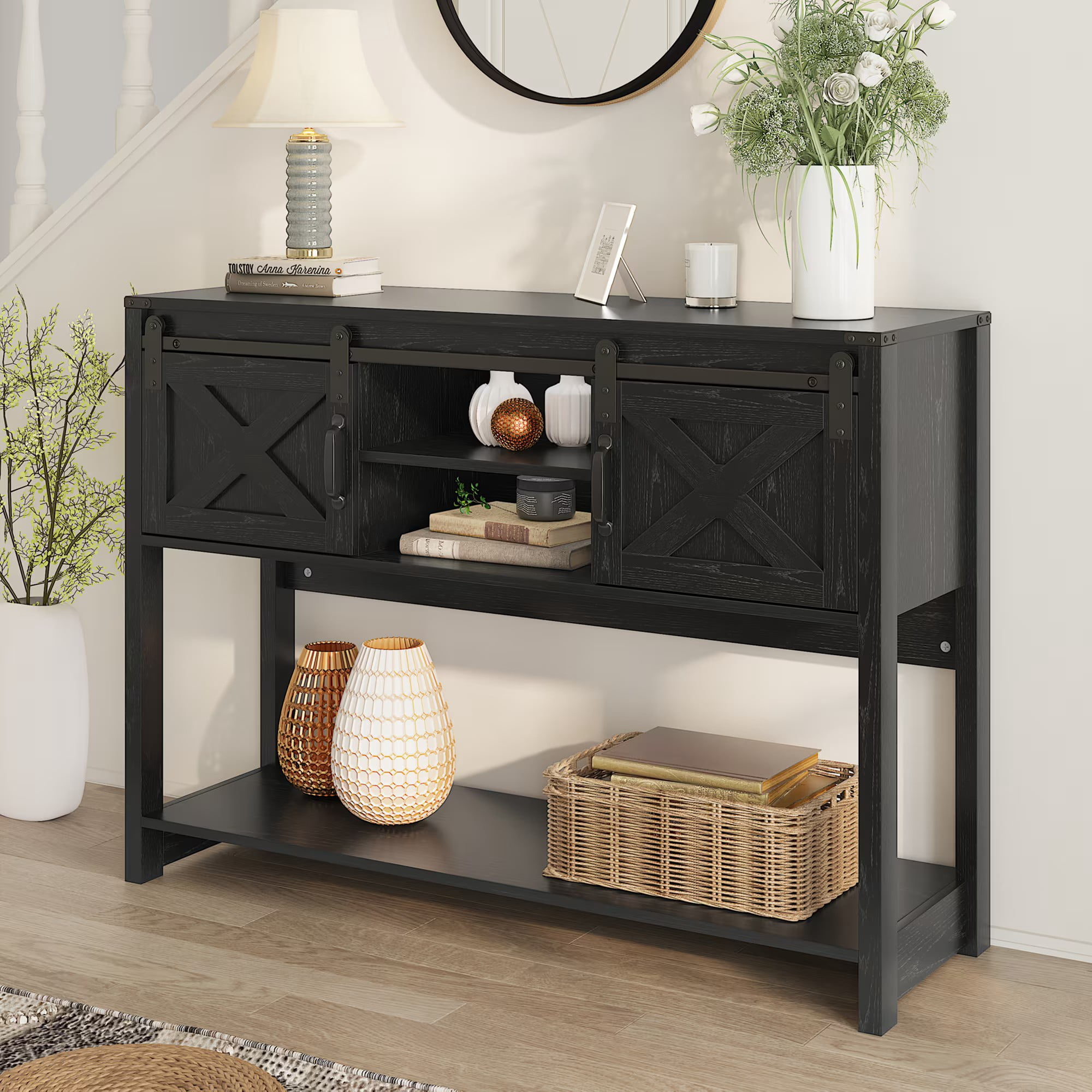 Aukfa 46" Farmhouse Console Table with Storage Shelf & Sliding Barn Doors, Wood Entryway Table with Storage for Living Room, Hallway, Foyer, Black