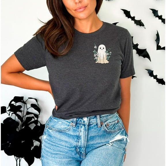 Floral Ghost Halloween Pocket T-Shirt, Minimalist Ghost Tee, Halloween Matching Outfit, Spooky Ghost Shirt, Floral Ghost Tee, Halloween Gift