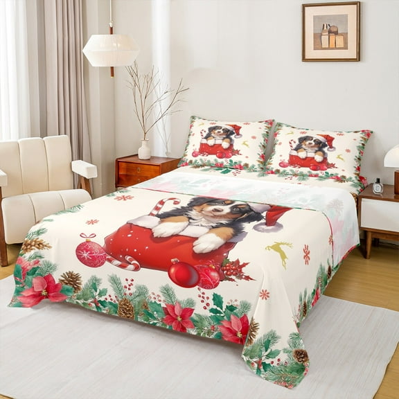 Homewish Kawaii Christmas Dog Twin Sheet Sets for Kids, Cartoon Santa Claus Hat Twin Fitted Sheet, Western Xmas Flower Flat Sheet, Ultra Soft Bedroom Decor, 3 Pieces