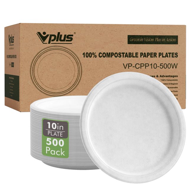 Platos de papel desechables Vplus 500, 26 cm, 100% bagazo