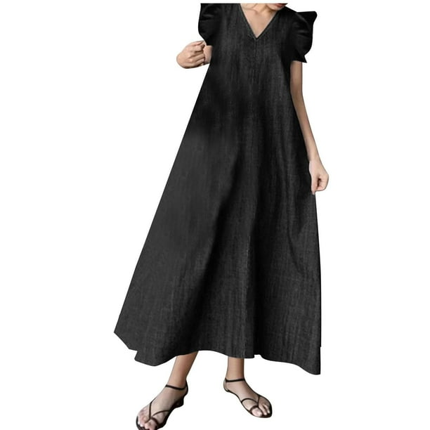 Vestido de Manga Larga, Moda de Desplazamiento Suelto Vestido Largo de Manga Corta de Denim para el Vestido Casual de Verano de Primavera, Vestido Corto de Verano