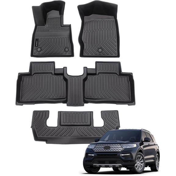 Auxko All Weather Floor Mats Fit for Ford Explorer 2020-2024 2025 2026 6 Seat TPE Rubber Liners Set Explorer Accessories All Season Guard Odorless Anti-Slip 3 Row Floor Mats