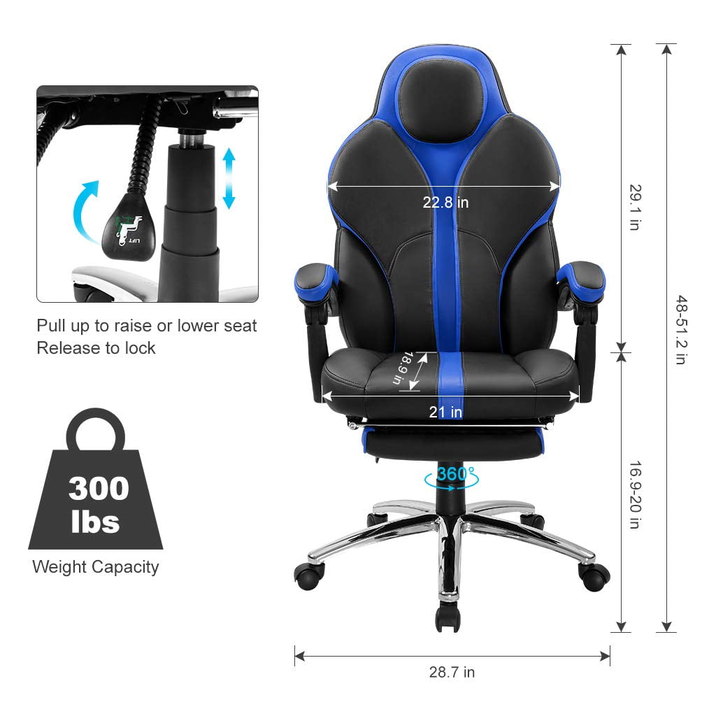 Langria Faux Leather Racing Gaming Chair Computer Office With Footrest And Lumbar Cushion Ergonomic Design Cobalt Blue