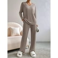 thumbnail image 5 of Womens Ribbed Knit 2 Piece Sets Long Sleeve Sweater and Wide Leg Pants Loungewear Pajamas Set Deep Khaki XL, 5 of 6