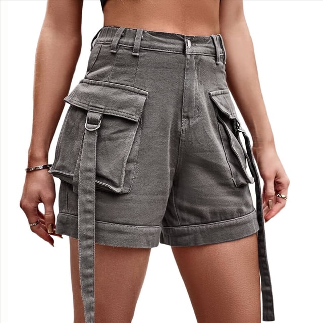 Shorts Vaqueros Cargo para Mujer - Shorts Casuales de Verano Vintage con Botones y Cremallera Añadido Gris M