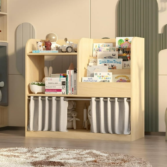 NACHES 3-Tier Kids Bookshelf and Toy Storage Organizer, Montessori Bookshelf 4 Cube Storage Organizer, Baby Bookshelf with Curtain, Toddler Book Shelves for Nursery Playroom Kids Room, Burlywood