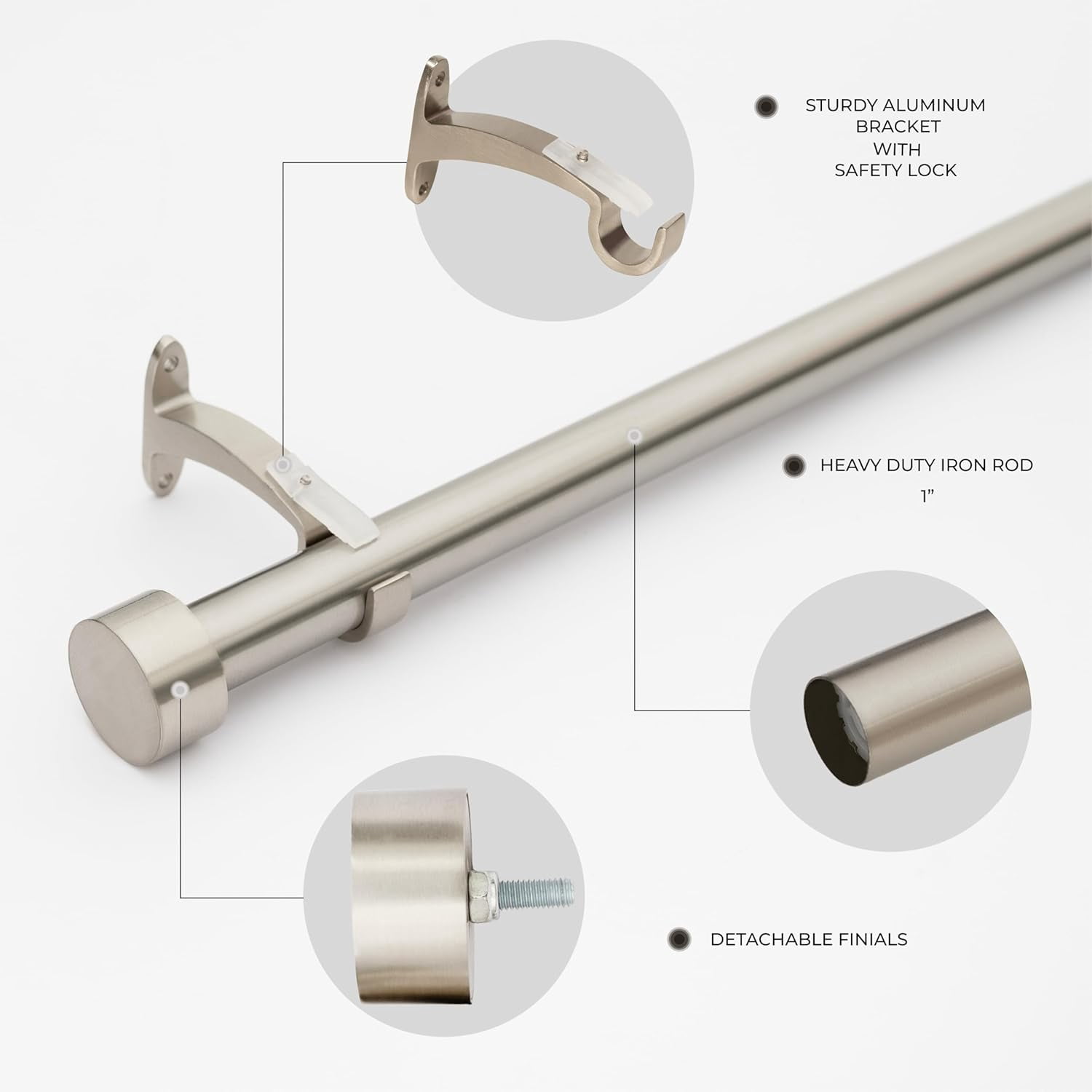 Deco Window Home Décor Modern 1 Inch Satin Silver Pluto Adjustable Single Curtain Rods, 18-44 in