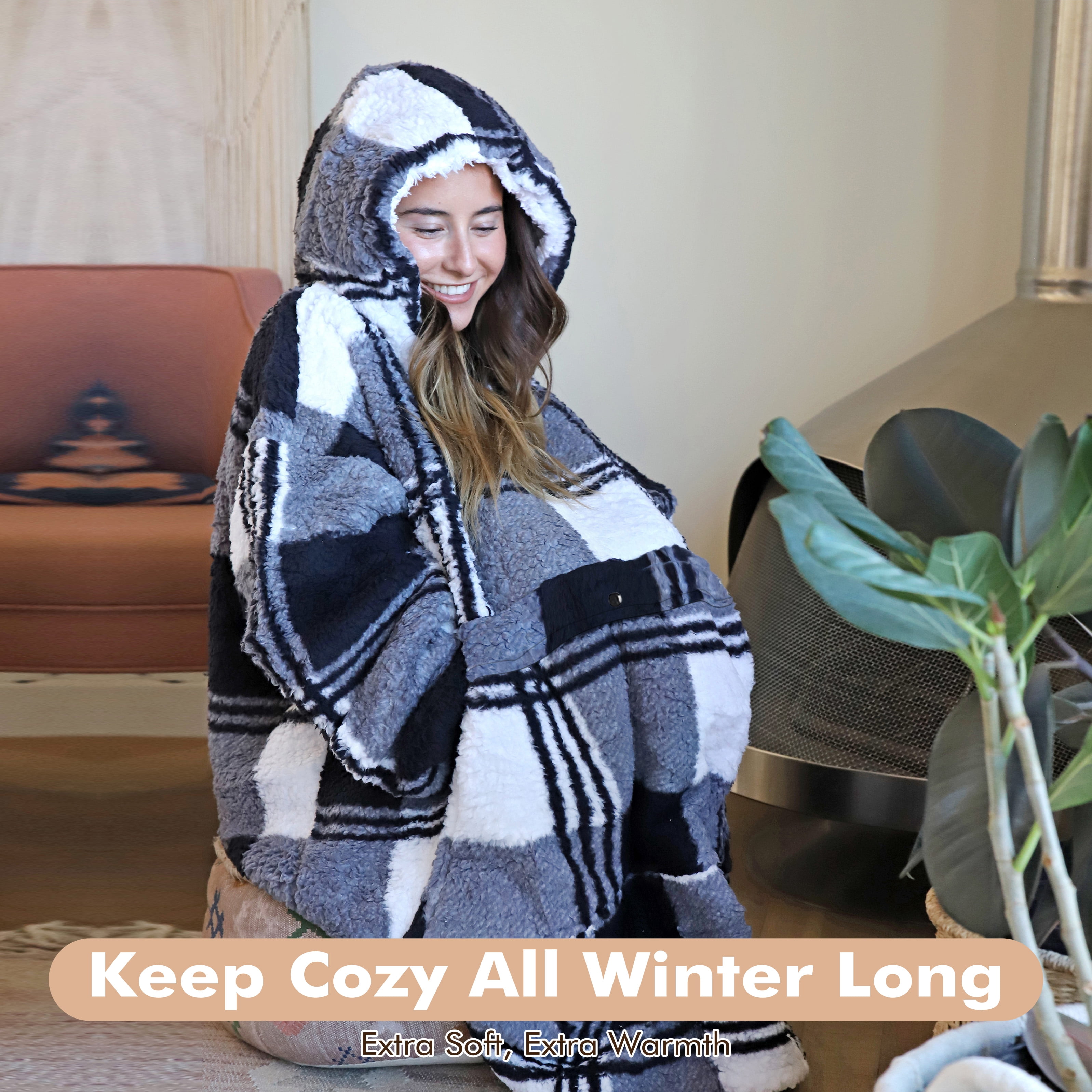 Tirrinia Oversized Blanket Hoodie, Wearable Fluffy Sherpa Blanket, Cozy Sweatshirt Blanket Gift for Adult Women Men Girlfriend