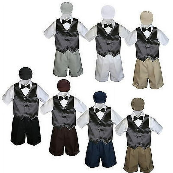 5pc Boy Toddler Formal Black Vest Bow Tie White Dark Khaki Gray Hat Shorts S-4T