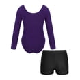 thumbnail image 2 of Yeahdor Kids Girls Athletic Activewear Solid Color Long Sleeve Leotard with Shorts Set 2Pcs Sports Suit Dancewear Purple&Black 4, 2 of 5
