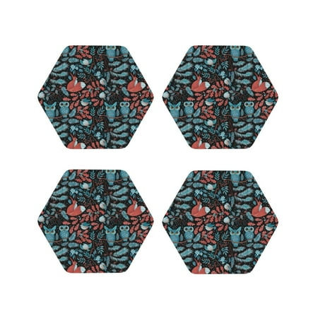 

Yiaed Squirrel Owl Autumn Maple Leaves Print Leather Coasters for Drinks - Cup Coasters Coffee Table Kitchen Table Bar Home & Office Gifts Handmade Drink Coasters-Hexagon