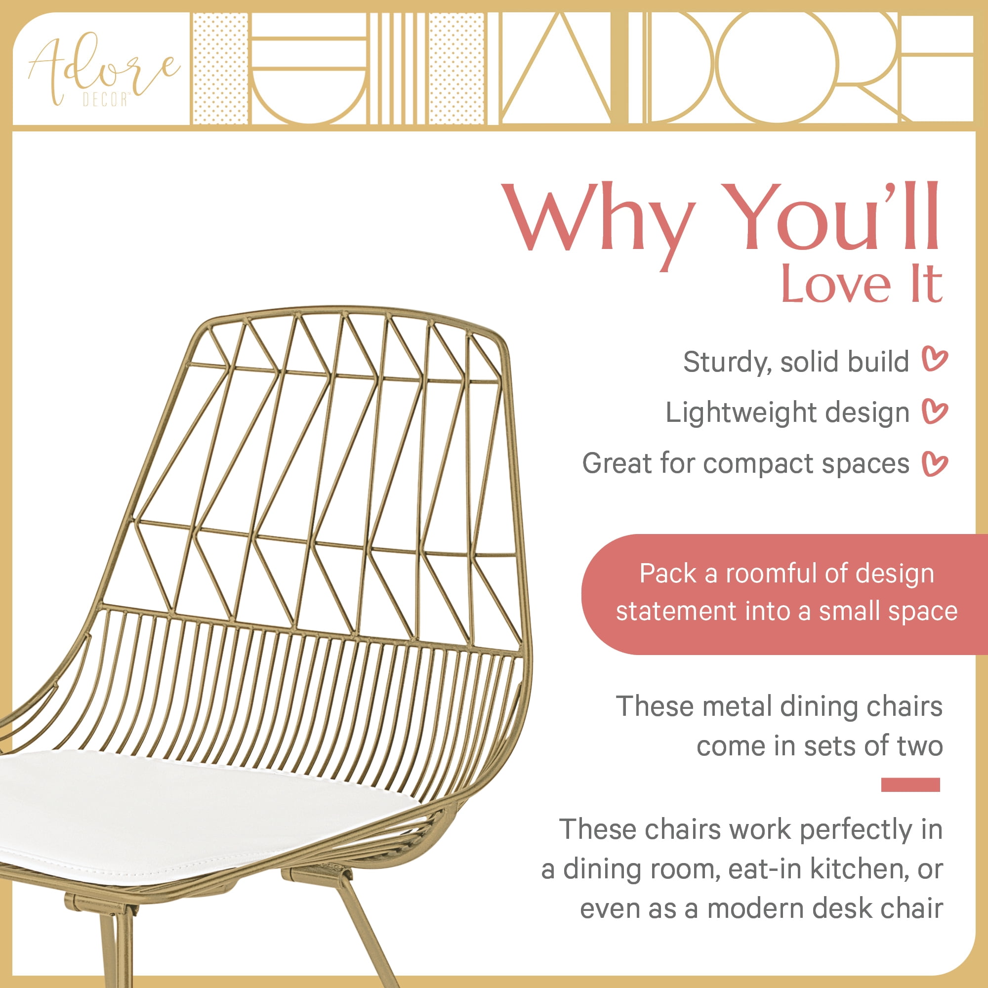 Adore Decor Vivi Set of 2 Gold Wire Dining Chairs