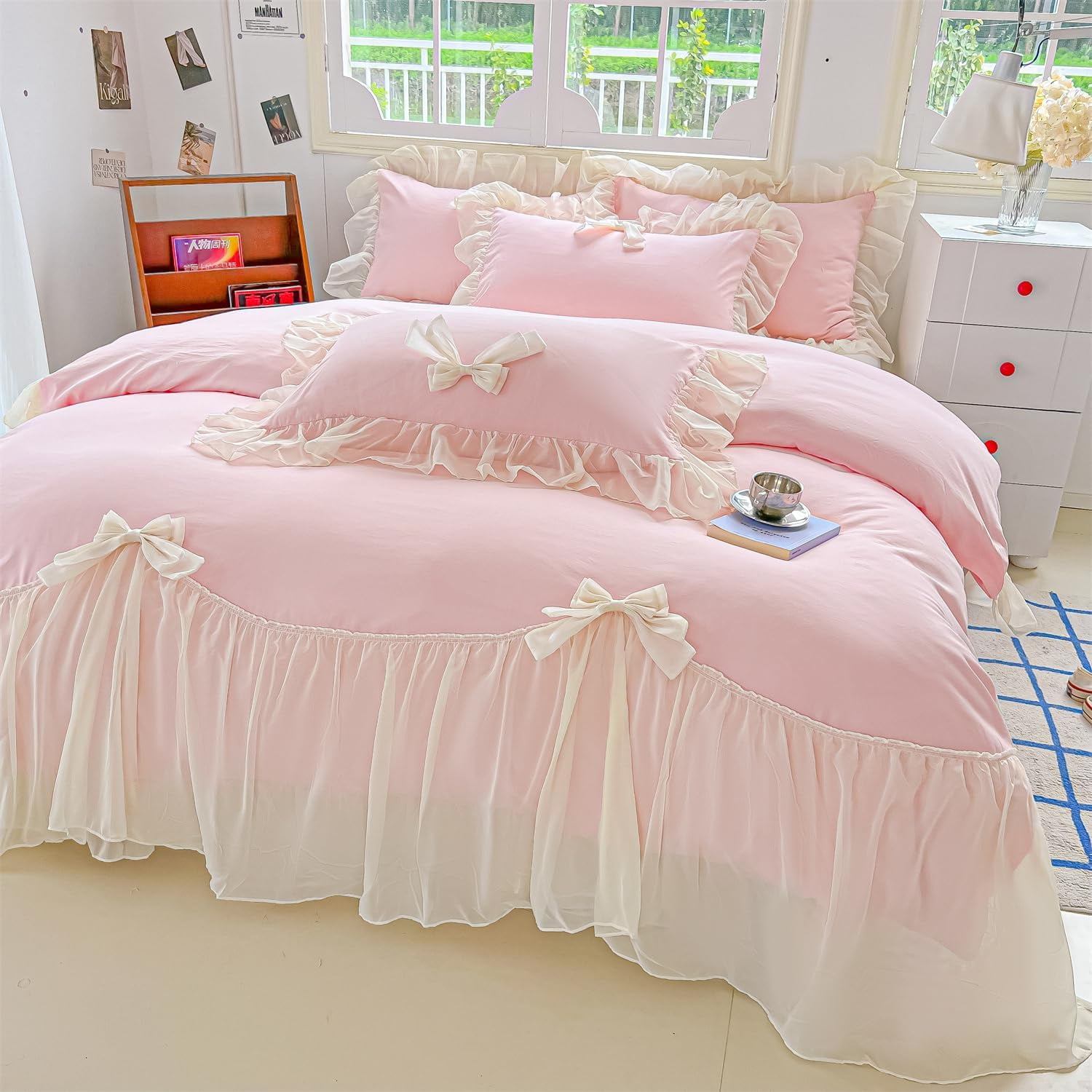 MOOWOO Ruffled Bedding Bow Duvet Cover Set with Butterfly Tie, Soft Brushed Microfiber Shabby Chic Bedding Set with Zipper Closure