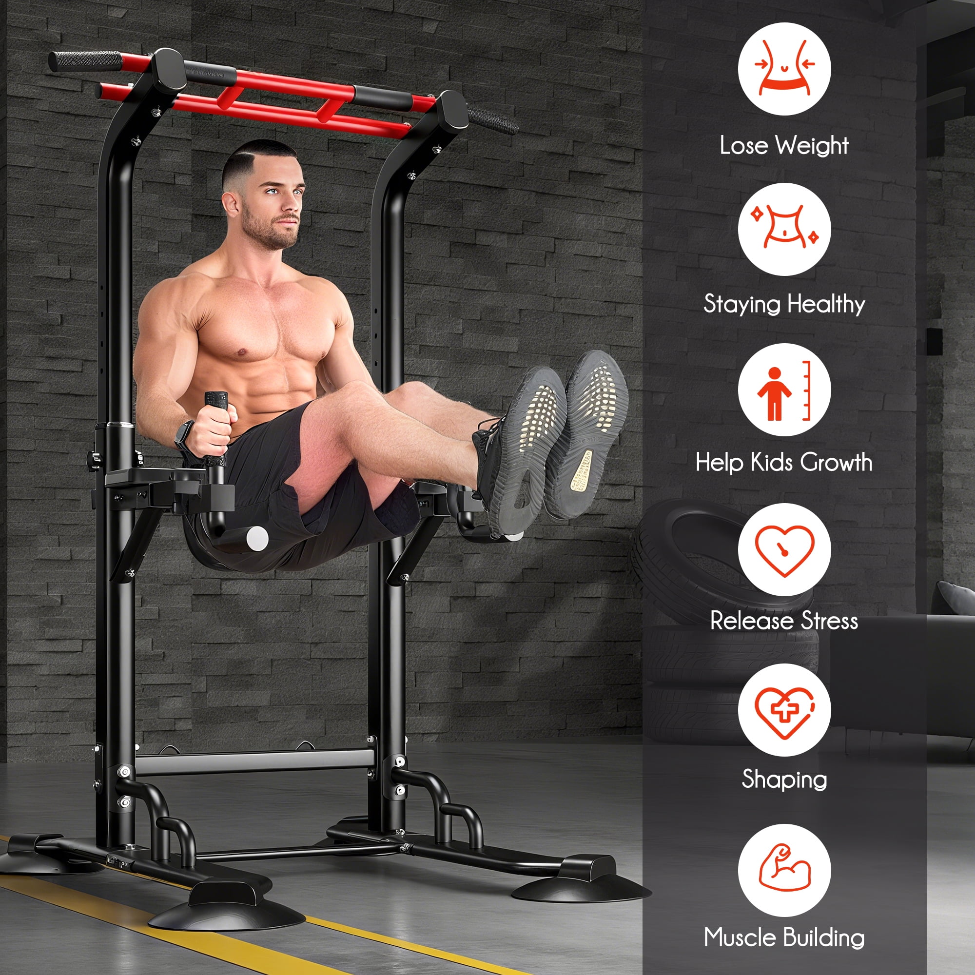 94.5"H Pull Up Bar and Dip Station with 2 Pull Rope, Heavy Duty 12 Adjustable Home Gym Equipment for Strength Training, Multifunctional Workout Bar – Full Body & Core Exercise 330LBS,Balck