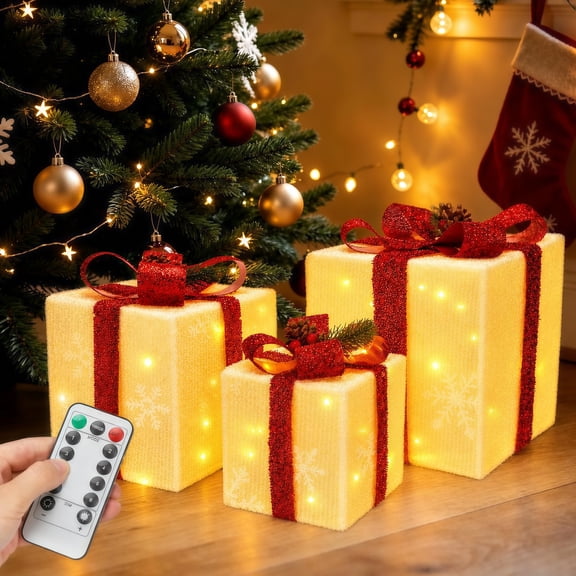 HiberyHom Set of 3 Christmas Lighted Gift Boxes, Warm White LED Light up Xmas Ornaments, Christmas Tree Decorations for Indoor Outdoor Xmas Decor