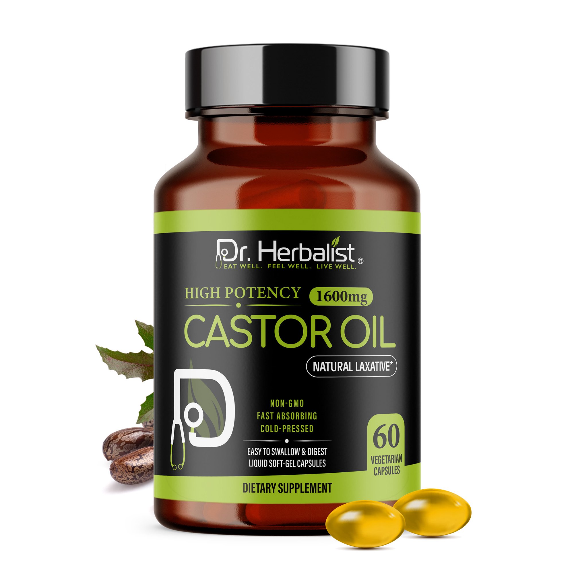Dr. Herbalist Castor Oil 1600mg - 60 Capsules | Non-GMO | Fasting Absorbing | Vegetarian | Cold-Pressed | High Potency