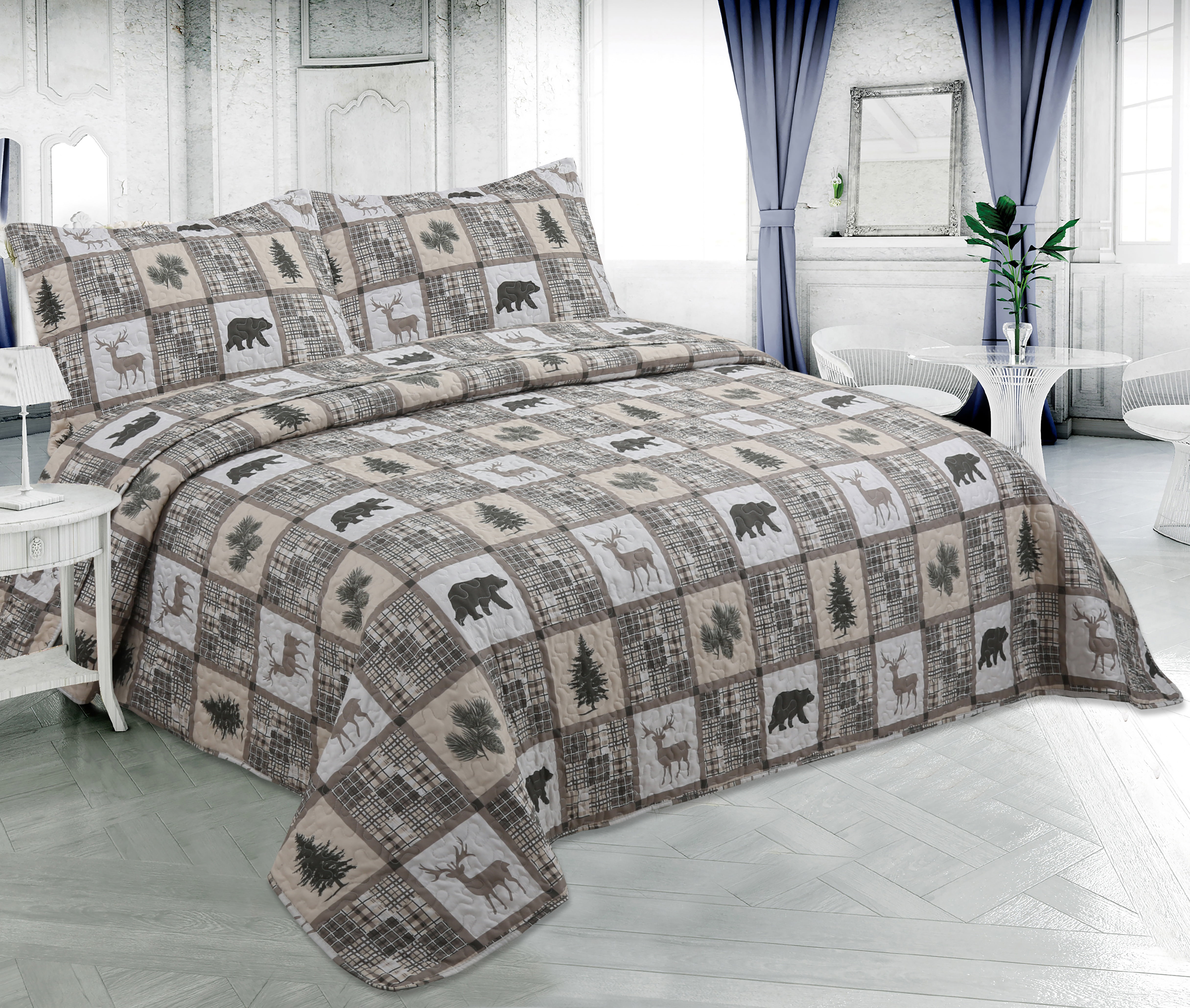 Marina Decoration Rich Printed Stitching Coverlet Bedspread Ultra Soft Summer Bedding Quilt Set with Quilted Sham, Cottage Taupe Bear Deer Tree Plaid Pattern